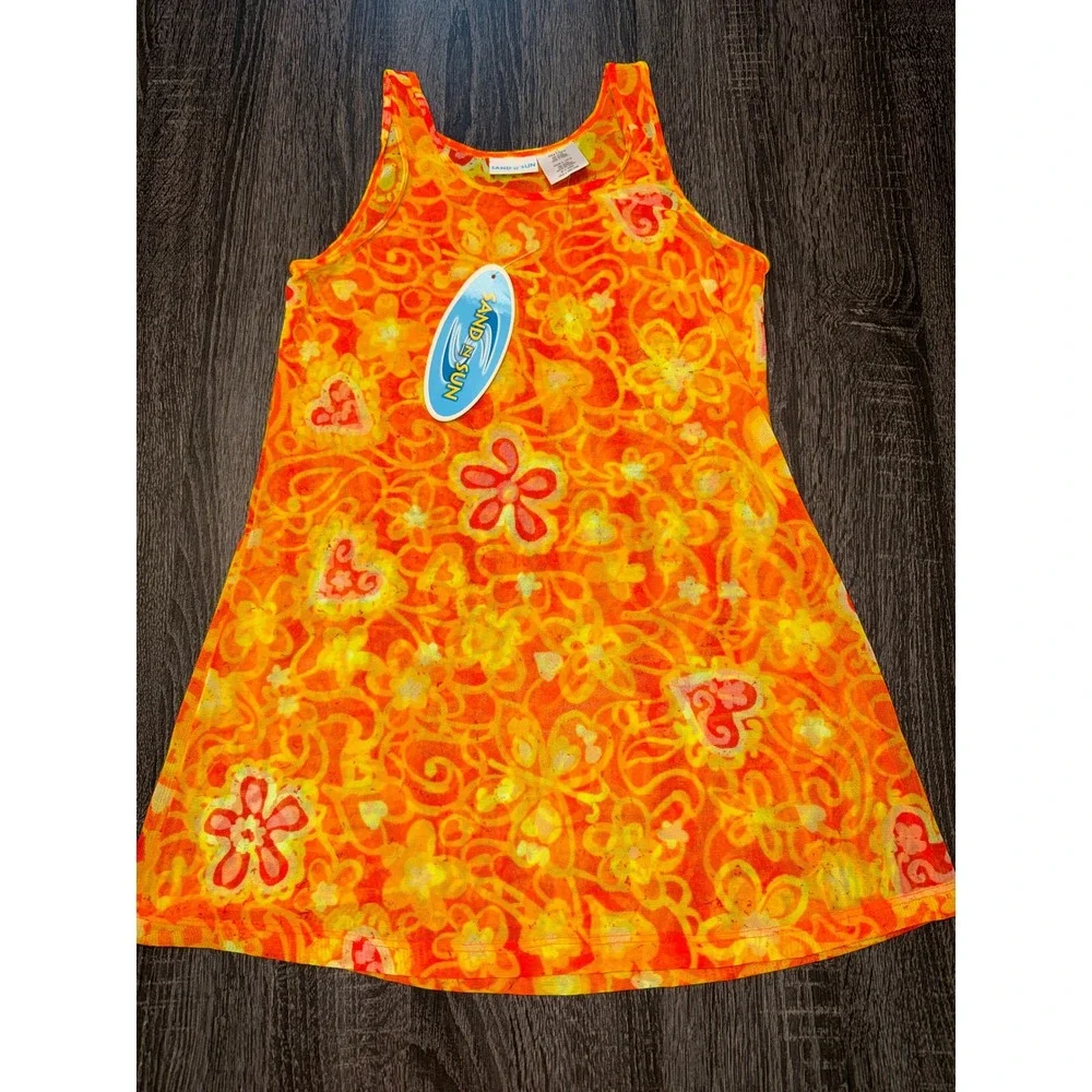Sand N Sun Girls Orange Floral Mesh Swim Cover‎ Up Dress Size L 10/12 NWT Y2K